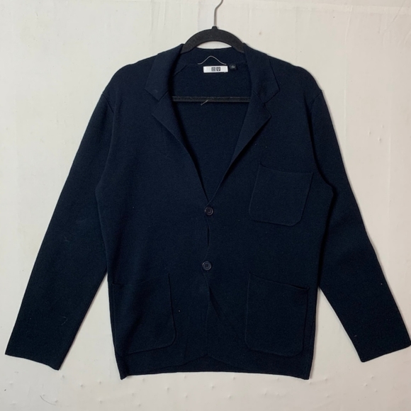 Uniqlo - Wool Cardigan w/ One Button & Pockets Ribbing - Size Medium (Dark Blue)